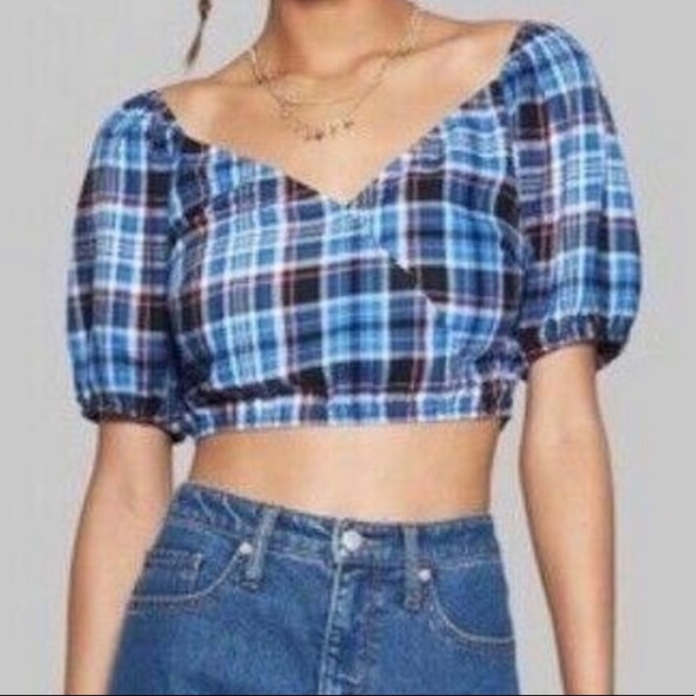 NWT Wild Fable Blue Plaid V-neck Crop Top
